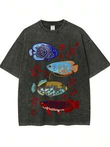 High-Quality Quilted T-Shirt With A Fish Jumping Over A Dragon Gate Design, Vintage Fashion Brand, Unisex, Casual, Ideal As A Holiday Gift, Perfect Gift, Men's Washed Vintage T-Shirt, 230g 100% Cotton. - 黑色 - 查看 1