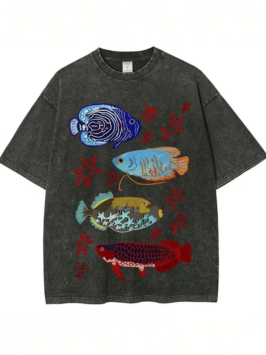 High-Quality Quilted T-Shirt With A Fish Jumping Over A Dragon Gate Design, Vintage Fashion Brand, Unisex, Casual, Ideal As A Holiday Gift, Perfect Gift, Men's Washed Vintage T-Shirt, 230g 100% Cotton. - 黑色 - 查看 1