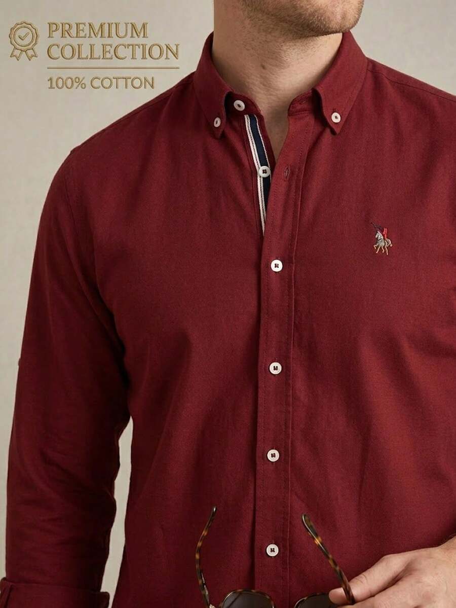 Men's Long Sleeve Single-Breasted Casual Business Shirt - Burgundy - View 1