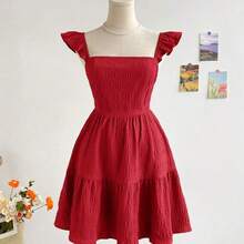 Soqi Women's Clothing Vestido mini de mujer para vacaciones, de color caqui marrón, con textura de ramitas y hojas, de tela, con mangas de tipo gorro, espalda abierta y cintura con lazo, apto para fiesta, cita, té de la tarde, estilo bohemio, festival de música, carnaval, playa. - Multicolor - Ver 3