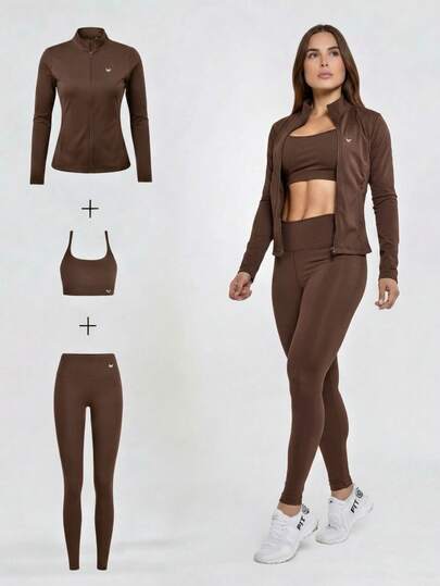 Kit 3 Peças Academia Feminina – Jaqueta com Zíper + Top com Bojo + Calça Legging - Conjunto de Academia Feminino 3 Peças – Conjunto Academia Feminino 3 Peças Premium para Outono e Inverno