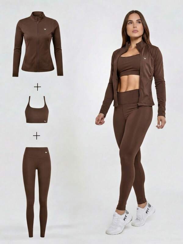 Kit 3 Peças Academia Feminina – Jaqueta com Zíper + Top com Bojo + Calça Legging - Conjunto de Academia Feminino 3 Peças – Conjunto Academia Feminino 3 Peças Premium para Outono e Inverno