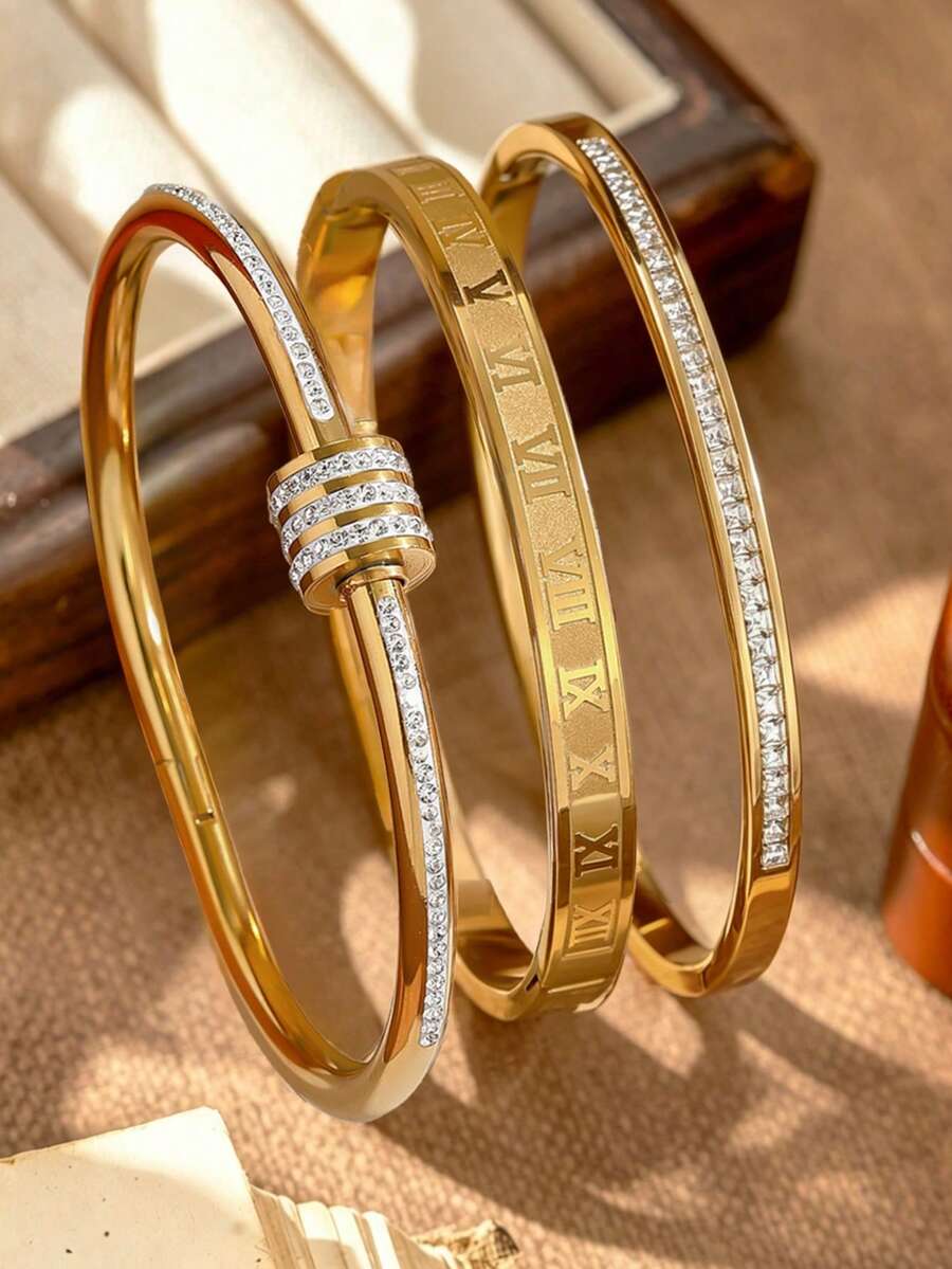 Bộ 3 vòng tay thép không gỉ sáng bóng sang trọng dành cho nữ, trang sức đá Zirconia đeo eo, vòng tay kiểu La Mã, phù hợp cho mọi dịp, bộ vòng tay thép không gỉ nhiều màu sắc cá nhân hóa, trang sức thiết kế độc đáo, thời trang, thiết kế đa yếu tố, món quà lý tưởng tinh tế, trang sức không phai màu, hợp thời trang. - Vàng - Xem 1