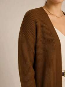 Women's Basic Longline Cardigan With Fang Stitch Knit And Long Sleeves For Autumn/Winter - 駝色 - 查看 2