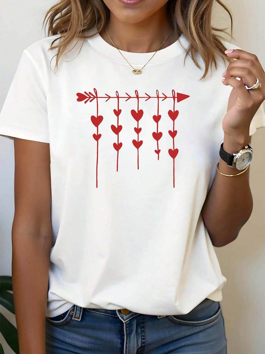 Women's Heart Arrow Theme T-Shirt | Red Painted Heart Arrow Short Sleeve Decoration, Red-White Minimalist Romantic Valentine's Day Everyday Top - 白色 - 查看 1