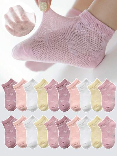10 pares de calcetines para niños de colores aleatorios, calcetines sólidos minimalistas con diseño de corazón y malla transpirable, adecuados para uso casual diario tanto para niños como para niñas