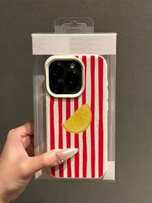 1 pieza Funda de teléfono a rayas minimalista con diseño de limón compatible con iPhone 15/16 Pro Max, 14/13/12, XR, 7/8 Plus, anti-caída - Rojo - Ver 3