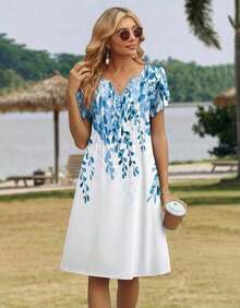 ,Flower Dress Women,2026 Women's Summer Casual Floral V-Neck A-Line T-Shirt Mini Dress Short Sleeve With Pockets Beach Sundress,Casual Summer Dress, S - 白藍色的花 - 查看 4
