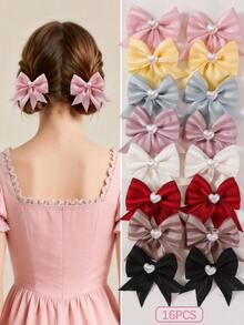 16pcs/Set Cute Heart Pearl Chiffon Bow Hair Clips, Floral Decor Hair Accessories For Girls, Suitable For Daily Use - Multicolor - View 8