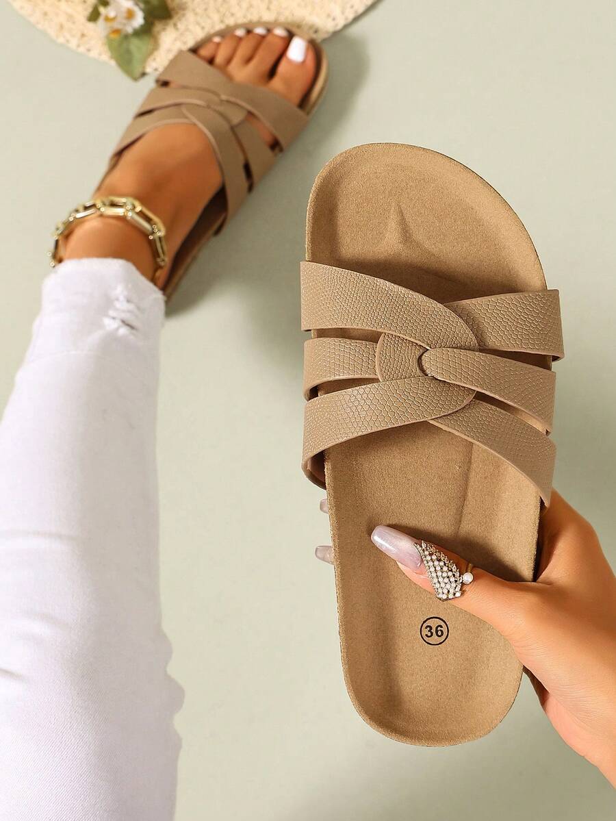 Ximi Ruo Sandal Datar Kasual Modis Wanita dengan Desain Gesper, Cocok untuk Pemakaian Sehari-hari, Pantai, Rumah, Perjalanan, Belanja, dan Bepergian - Aprikot - View 1