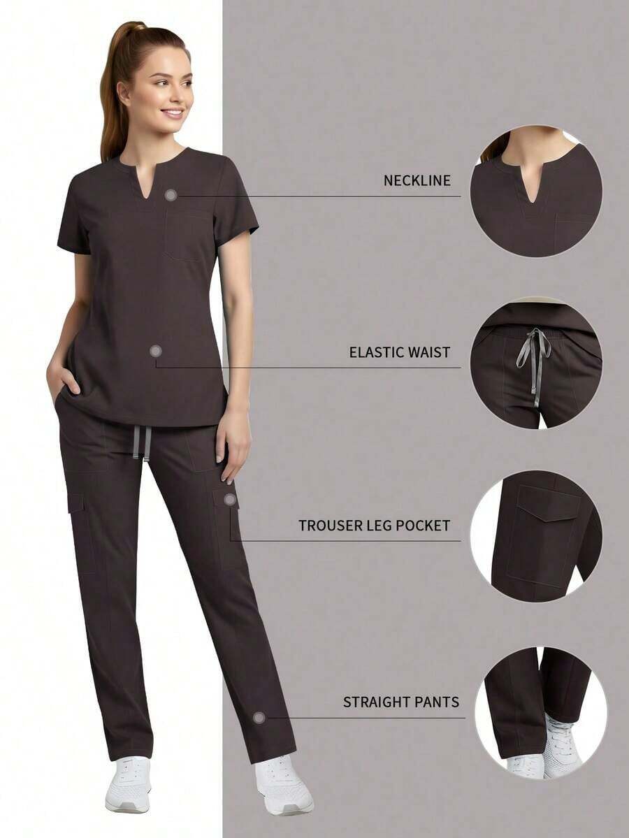 Set de 2 piezas Uniforme de enfermera para mujer, Parte superior + Pantalones con bolsillos, Ropa de trabajo para sala de cirugía, Ropa de trabajo para salón de belleza Primavera - Marrón Chocolate - Ver 1