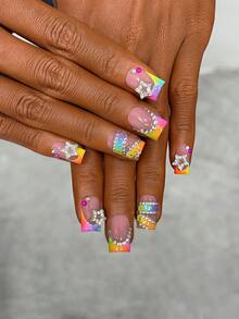 10pcs Y2K Nails Square Press On Nails Set - Handcrafted, Pink Nails, Colorful Nails, Green And Orange Gradient French Tip Nails, Hand Drawn Colorful Gradient Nails And Colorful Gradient French Tip Style Design - Multicolor - View 4