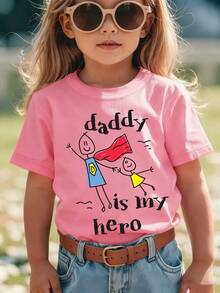 Camiseta de manga corta para niñas, moda de verano para el Día del Padre, con la frase "Papá es mi héroe", , papá y niño, fácil de dibujar, estampado de patrón de dibujos animados, top casual y versátil NY-DX9825 - Rosa - Ver 6