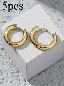 1 Pair Minimalist Round Hoop Earrings, Suitable For Casual Daily Wear, Elegant Simplistic European & American Style, Essential Earrings For Men - Yellow Gold - View 6