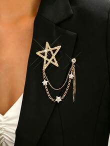 1pc Elegant Star Chain Brooch With Rhinestones, Multi-Layer Tassel Design Anti-Slip Pin, Gold-Plated Five-Pointed Star Lapel Pin, Suitable For Weddings, Parties, Travel, Daily Wear With Suits, Dresses, And Cardigans - Gold - View 1