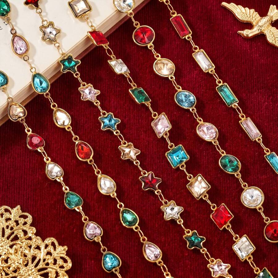 1 Meter 304 Stainless Steel 18K Gold‑Plated Chain With Heart, Star, Oval, Rectangle And Other Shaped Colorful Rhinestones, DIY Accessories For Handmade Necklaces And Bracelets - Chain - View 1