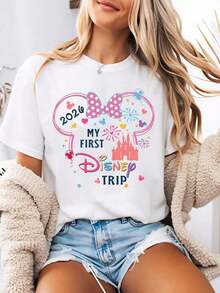 Disney-Style Women's Printed T-Shirt Featuring A Mickey Mouse Illustration Cartoon Print From The Disney Journey 2026 Collection. This Round-Neck Summer Top Is Crafted From Soft, Comfortable 100% Cotton Fabric, Perfect For Everyday Wear, Outdoor Activities, Or Shopping. It Also Makes An Ideal Choice For Women's Vacation Wear. - trắng - Xem 7
