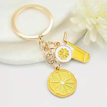 1Pc Sweet Lemon Slice Keychain, Zinc Alloy, Enamel Lemon & Drink Charms, Gold Tone, Summer & Graduation Gift - Multicolor - View 3