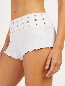 Women Ribbed Foldover Lounge Shorts Low Rise Fold Over Sleep Shorts Wide Waist Sexy Booty Pajama Bottoms - White - View 3