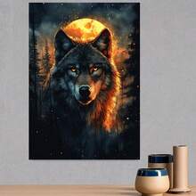 Pintura Acuarela de Lobo bajo la Luz de la Luna 2D Plana, 1 Pieza - Arte Moderno de Lobo Enmarcado y Decoración de Pared Completa, Impresión en Lienzo Envuelto de 12x16 Pulgadas, Imagen de Lobo Aullando en la Noche para Dormitorio, Decoración de Oficina - Obra de Arte Elegante de Animal o Regalo, 2D - Enmarcado - Ver 3
