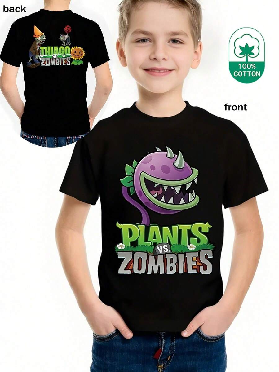 Casual Crew Neck T-Shirt, Sheer Short Sleeve T-Shirt With Pattern, Minimalist Casual Style, Venus Trap And Tyrannosaurus Rex Flower Print T-Shirt Top, Machine Washable, Small, Medium And Large For Spring, Summer, Autumn And Clothing For Ages 3 To 12 Years - 黑色 - 查看 1