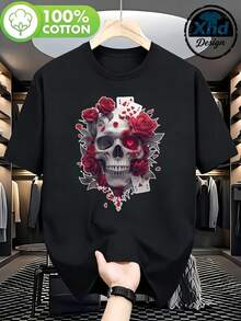 Men's T-Shirt Skull Roses Letters Heart Design Comfortable And Versatile Short Sleeve Casual Outdoor Wear - 黑色 - 查看 1