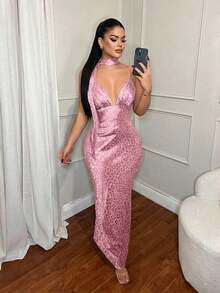 MEXSHEIN  Vestido de mujer con escote en V profundo y espalda descubierta con estampado de cebraMEX RAW4 - Rosa - Ver 3