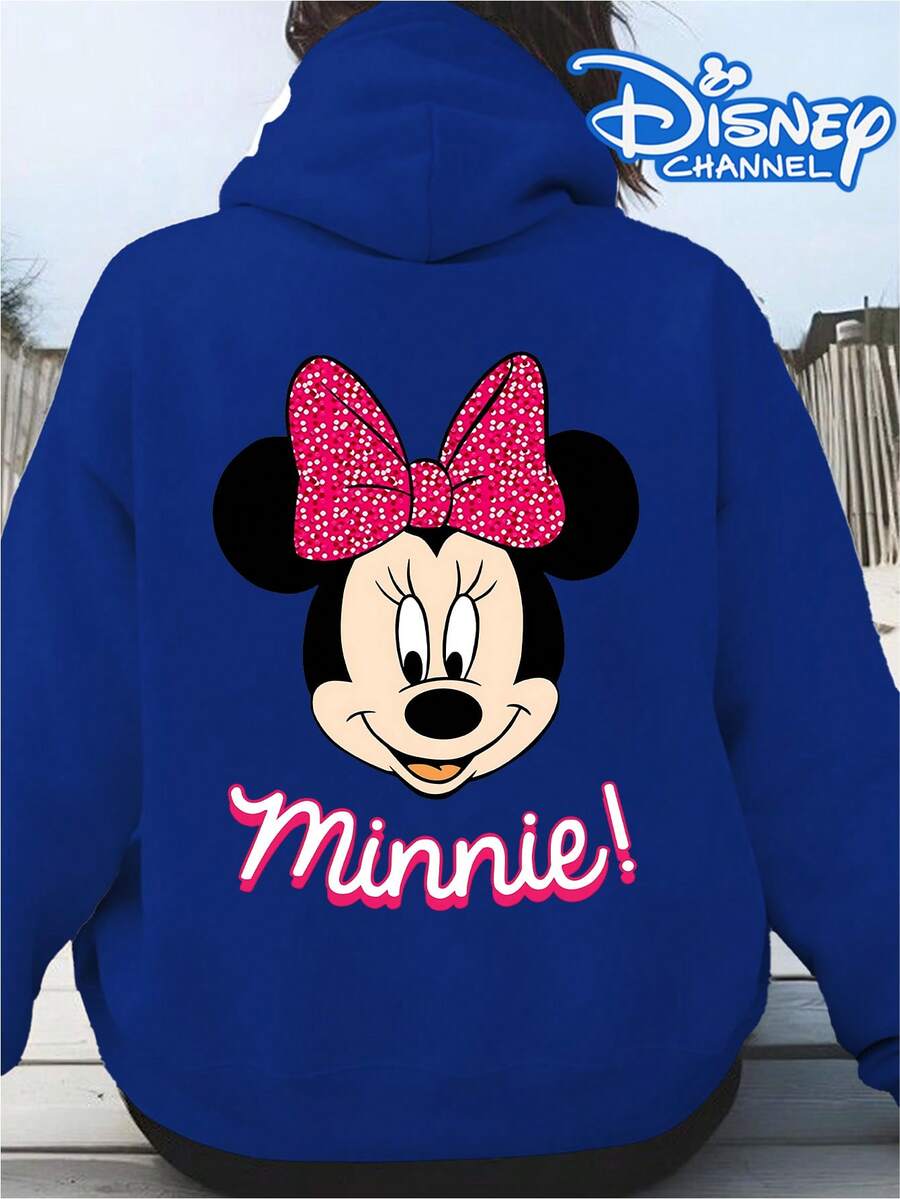Disney Pink Sparkly Bow Minnie Mouse Print Simple Letter Hoodie, Women's Hoodie, Men's Hoodie,Fathers Day Gift,Fourth Of July,Disney Collaboration - 藍色 - 查看 1