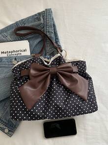 2026 New Retro Polka Dot Large Capacity Fashion Bow Tie Versatile Commuter Chic Shoulder Bag - Black - View 7