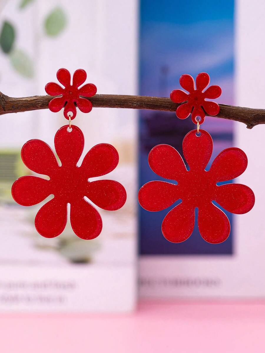 1 對時尚優雅百搭紅色花朵耳環 - 紅色 - 查看 1