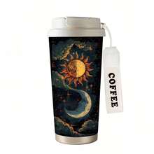 1pc/5pcs 500ml Celestial Sun & Moon Print Insulated Coffee Tumbler With Flip Lid & "COFFEE" Carry Strap, 304 Stainless Steel Leakproof Travel Mug, Cold & Hot Drinks, Perfect Astrology Lover Gift - Multicolor 1 - View 5