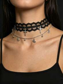 1pc Lace Butterfly Cross Tassel Necklace, Gothic Unique Design Choker Necklace For Women - Black - View 3