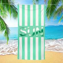 1件清新綠白條紋「SUN」金屬英文字母標語沙灘巾,清爽薄荷綠配純白垂直條紋,極簡乾淨視覺舒適感,搭配亮面金屬「SUN」3D字母,散發陽光活力,親膚面料,適合海邊度假、戶外休閒,展現夏季清新,字母印花,提升旅行風格,適用於多種場景,室內外雙用印花快乾沙灘巾,60x130cm、70x150cm、80x160cm、90x180cm、140x180cm共5種尺寸可選 - A - 查看 2