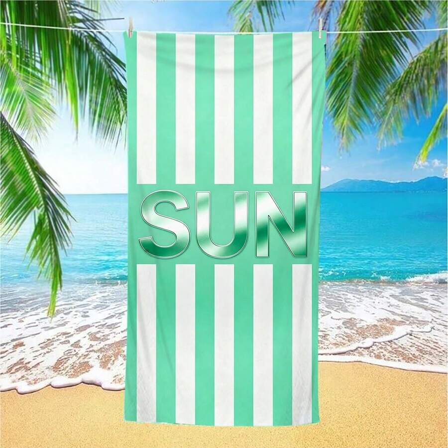 1件清新綠白條紋「SUN」金屬英文字母標語沙灘巾，清爽薄荷綠配純白垂直條紋，極簡乾淨視覺舒適感，搭配亮面金屬「SUN」3D字母，散發陽光活力，親膚面料，適合海邊度假、戶外休閒，展現夏季清新，字母印花，提升旅行風格，適用於多種場景，室內外雙用印花快乾沙灘巾，60x130cm、70x150cm、80x160cm、90x180cm、140x180cm共5種尺寸可選