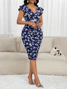 Lady Vestido midi elegante de mujer con cuello en V, estampado floral y volantes - Azul marino - Ver 3