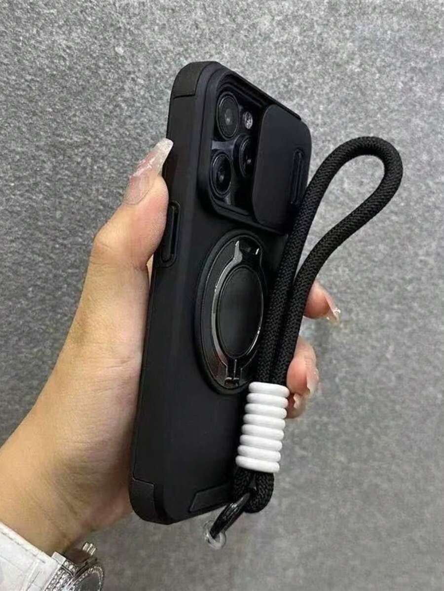 新款滑動窗式支架手機殼,相容 iPhone 16、Apple 15 Pro Max,全包防摔手機殼附掛繩保護套 - 黑色 - 查看 1