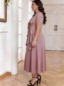 Plus Size Women's Pink Ruffle Layered Mid-Length Dress, Short Sleeve V-Neck Tie Front A-Line Flowy Long Dress With Pockets Elegant Summer - Pink - View 3
