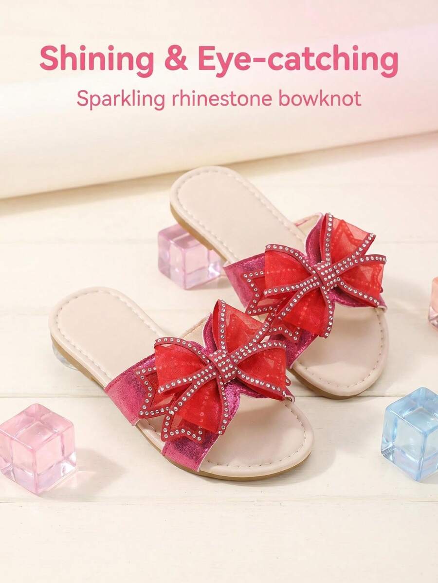 1 Pair 2026 New Girls' Mesh Rhinestone Bow Slide Sandals, Multi-Color ...