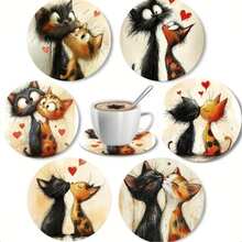 6 piezas/Juego Posavasos de Madera con Patrón de Gato Pareja Aislante de Calor Antideslizante Posavasos Decorativos Adecuados para el Hogar, la Oficina y la Decoración de Vacaciones - 6Pcs - Ver 12