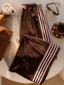 2026 Nuevo Pantalones deportivos casuales de mujer con raya lateral amarilla, cintura elástica y corte holgado, adecuados para primavera/verano, Navidad, Y2K, salidas casuales de Año Nuevo - Marrón - Ver 3