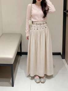 Retro Half-Length Skirt, Women's Lightweight Skirt, A-Line Low-Rise Long Skirt, Perfect For Resort Travel, Spring And Summer. - Apricot - View 3