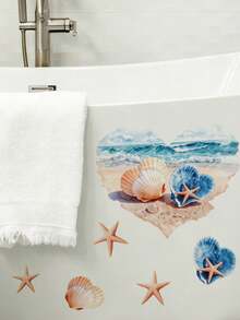 Watercolor Ocean Style Shell & Starfish Toilet Wall Sticker, Waterproof Removable, Fresh Summer Heart Beach Bathroom Decor Sticker - Wall Stickers - View 8