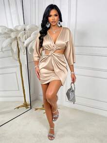AIJ Amarilo Women's Yellow Solid Color Elegant Casual Formal Sexy V-Neck Kimono Sleeve Open Back Twist Knot Mini Dress, Suitable For Summer, Spring, Beach, Resort, Party, Wedding Guest, Graduation, Prom, Holiday, Daily Wear - Apricot - View 3