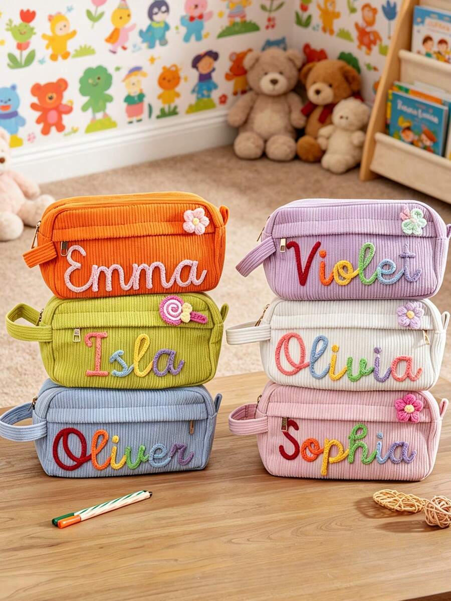 Estojo de Lápis Personalizado em Veludo Cotelê com Nome, Bolsa para Canetas Coloridas de Grande Capacidade, Bolsa de Arrumação Rosa, Organizador de Material Escolar, Presente de Regresso às Aulas para Crianças