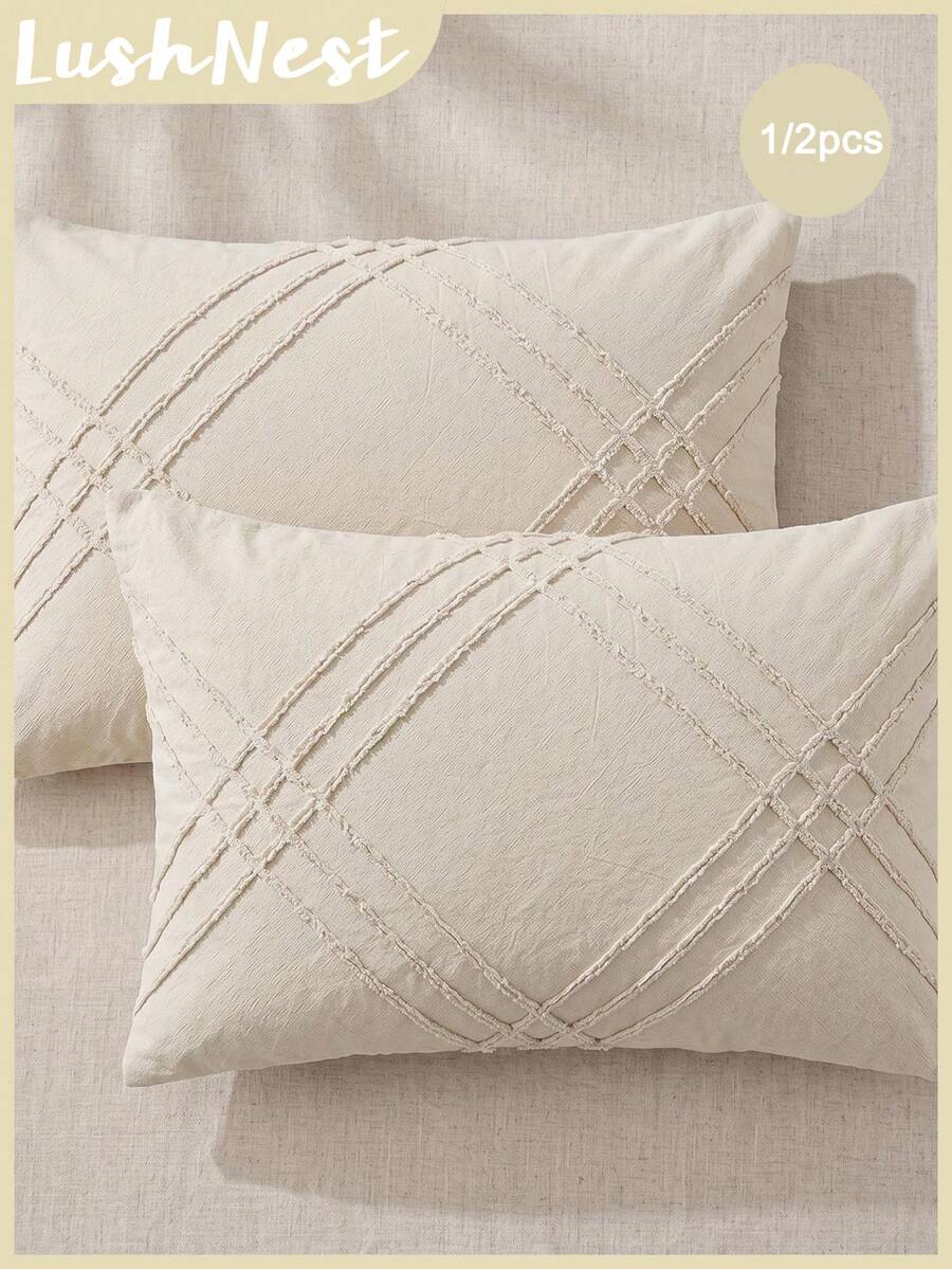 1/2 piezas Fundas de almohada beige con recortes y volantes (Inserto no incluido) - Estilo cottage bohemio fresco y lindo, ligero y transpirable, decoración del hogar lavable a máquina, Bohocottage, Diseño con recortes, Volantes, Bolster largo - Beige claro - Ver 1