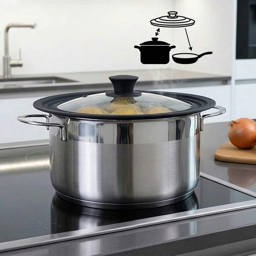 Universal Silicone Lid Set 3 Pcs With 3 In 1 Design Compatible With 24cm, 26 Cm And 28 Cm Pots, Universal Lid For Pans And Woks For Convenient Everyday Cooking, Heat Resistant Glass Lids With Flexible Silicone Edge Providing Fit And Better Heat Retention During Food Preparation, Multi Size Kitchen Lid Set With Steam Vent Preventing Overflow, Durable Cooking Pot Covers With Ergonomic Heat Resistant Handle, Dishwasher Universal Lids, Practical Cookware Accessory Set Ideal For Home Kitchen, Cooking, Frying And Everyday Meal Preparation - Black - View 1