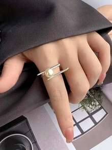 1pc Unique Creative Chopstick Shaped Pearl Ring, Elegant High-End Adjustable Open Ring, Fashionable Accessory - Silver - View 5
