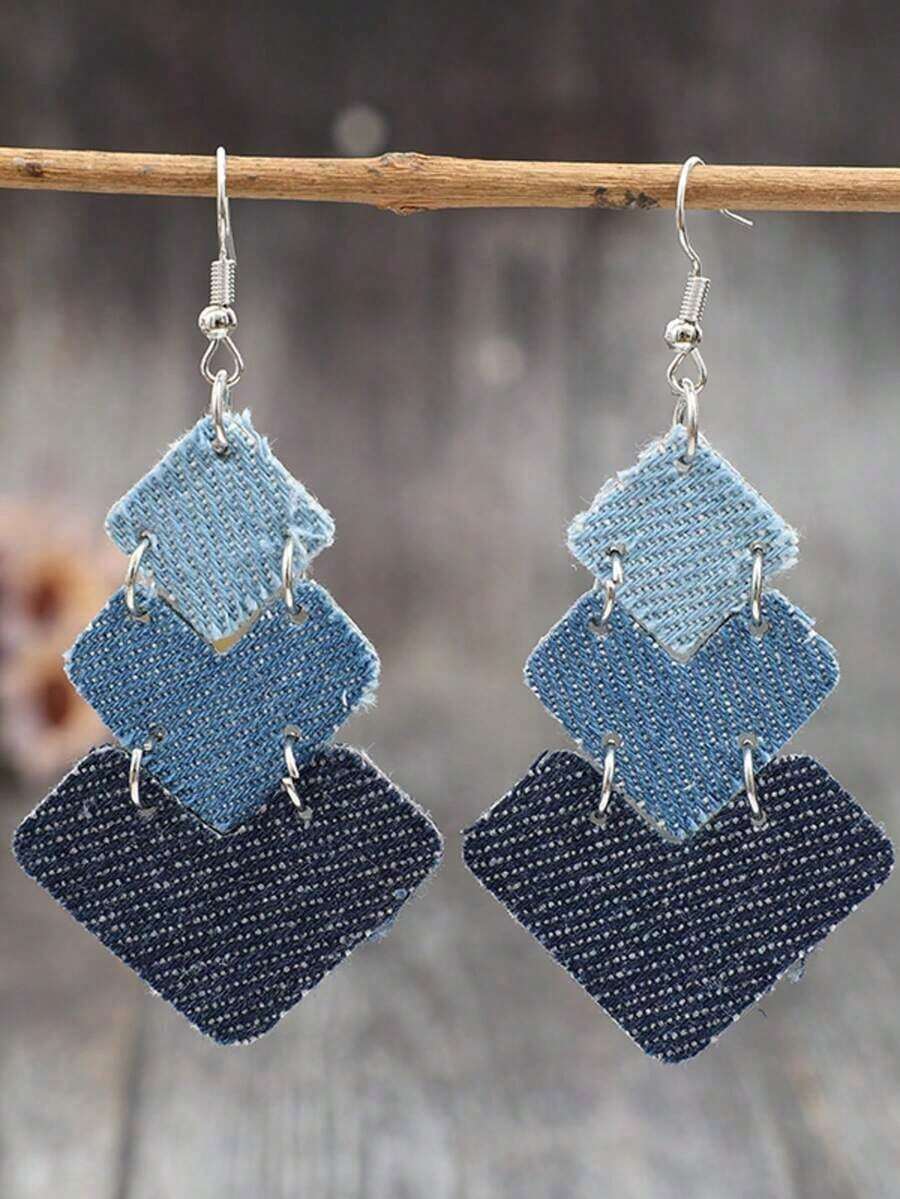 1 Pair Western Style S-Shaped Leaf Patchwork Denim-Look PU Leather Creative Earrings - Xanh Denim 2 - Xem 1