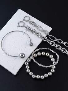 5Pcs Vintage Chunky Silver Multi-Layer Bracelet Set, Edgy Chic Chain With Beaded Heart Detail & Smooth Cuff, Perfect Gift For Women's Fashion Accessories - Silver - View 3