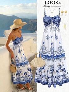 MEXGlowEve Vestido de tirantes finos con estampado y cintura anudada en forma de A para mujer, encantador, sexy y elegante para el uso diario, vacaciones, citas de moda, estilo callejero francés retro y versátil, /verano, nuevo vestido largo sin mangas de tirantes finos en azul y blancoMEX D9YZ - Rojo - Ver 10